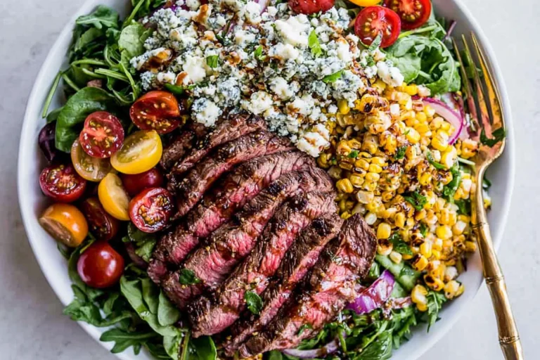 Balsamic Steak Gorgonzola Salad with Grilled Corn served with sliced balsamic-marinated steak, grilled corn, Gorgonzola cheese, cherry tomatoes, red onion, and fresh mixed greens.