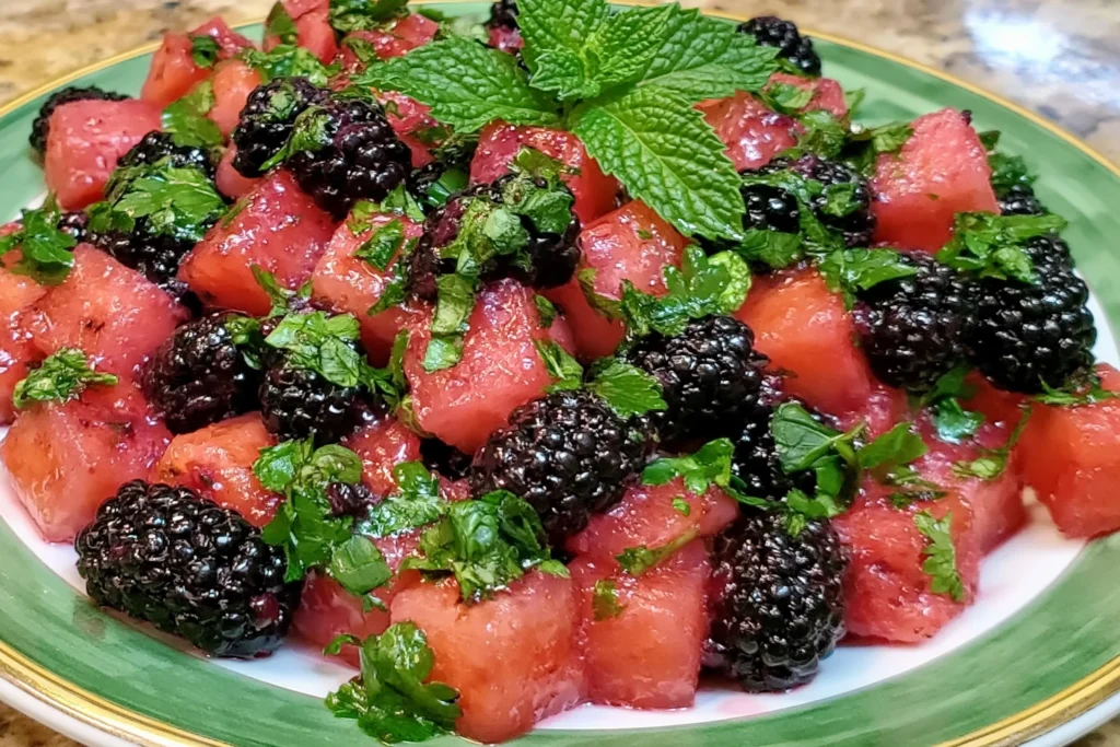 Balsamic Watermelon & Blackberry Salad with fresh watermelon, juicy blackberries, chopped mint, and balsamic vinegar, served as a refreshing summer fruit salad.