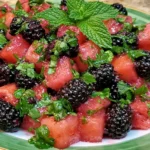 Balsamic Watermelon & Blackberry Salad with fresh watermelon, juicy blackberries, chopped mint, and balsamic vinegar, served as a refreshing summer fruit salad.