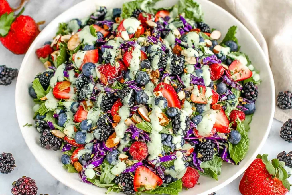 Berry Salad with Creamy Lemon Herb Dressing in a white bowl with mixed greens, strawberries, blueberries, blackberries, shredded purple cabbage, nuts, and creamy herb drizzle.
