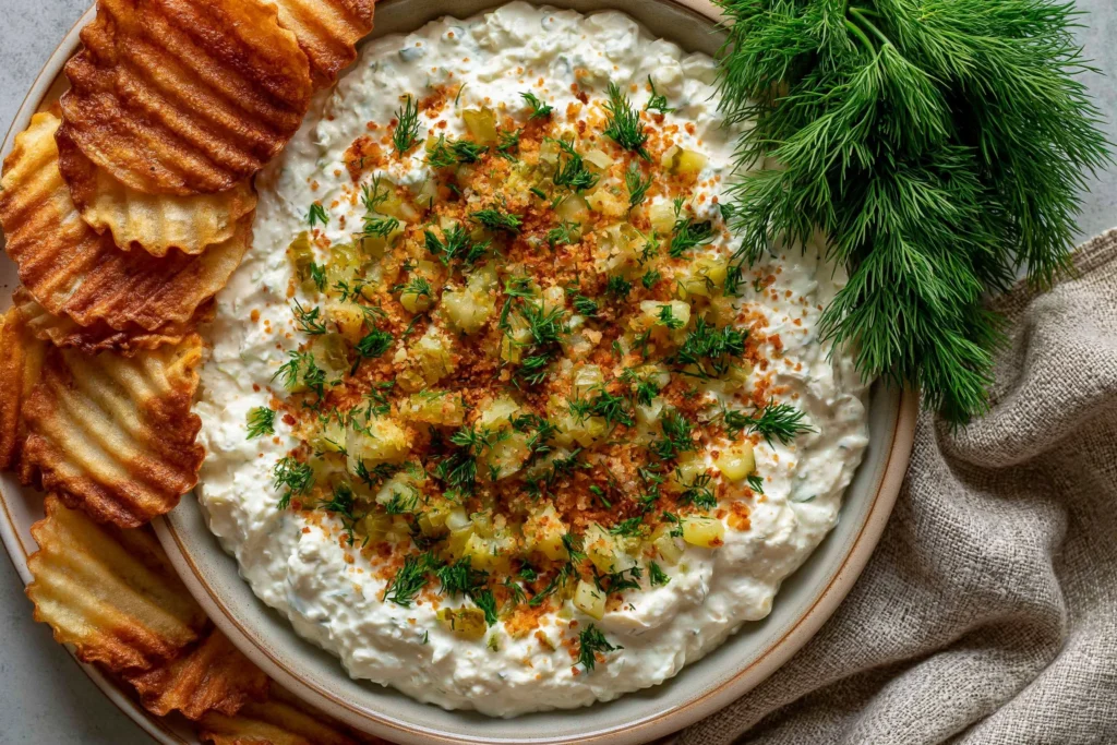 Creamy Fried Pickle Dip garnished with chopped dill pickles, toasted panko breadcrumbs, and fresh dill, served with crispy ridged potato chips for dipping.