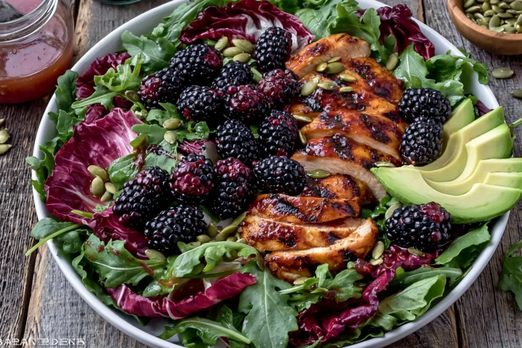 Blackberry Basil Grilled Chicken Salad with grilled chicken, fresh blackberries, avocado slices, arugula, basil, and pumpkin seeds drizzled with blackberry balsamic dressing.