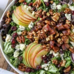 Blue Cheese Apple Walnut Salad with crisp apple slices, candied walnuts, bacon, blue cheese crumbles, dried cranberries, and mixed greens topped with maple vinaigrette.