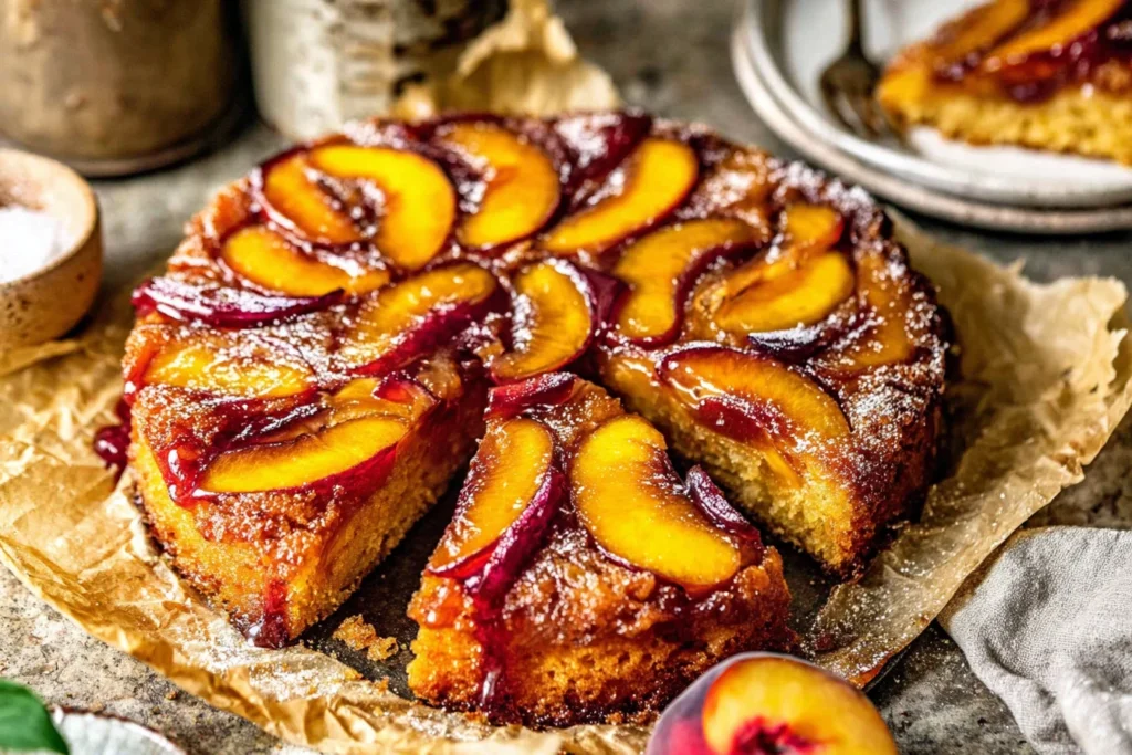 Bourbon Peach Upside Down Cake with caramelized peach slices and glossy bourbon caramel topping, sliced and ready to serve.