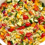 Summer Orzo Pasta Salad with lemon vinaigrette, cucumber, corn, tomatoes, bell peppers, and fresh basil in a white bowl.