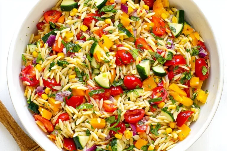 Summer Orzo Pasta Salad with lemon vinaigrette, cucumber, corn, tomatoes, bell peppers, and fresh basil in a white bowl.