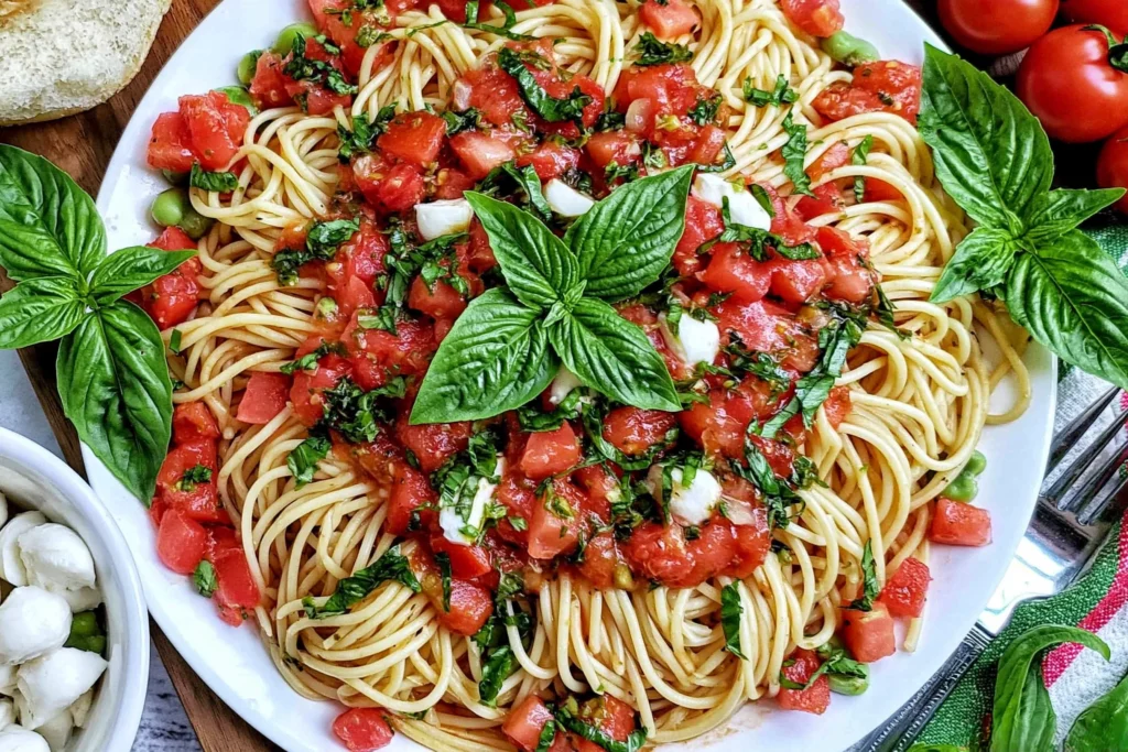 Bruschetta Pasta served with spaghetti, fresh diced Roma tomatoes, basil, mozzarella, and balsamic dressing in a vibrant Italian-inspired pasta dish.