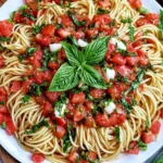 Bruschetta Pasta served with spaghetti, fresh diced Roma tomatoes, basil, mozzarella, and balsamic dressing in a vibrant Italian-inspired pasta dish.