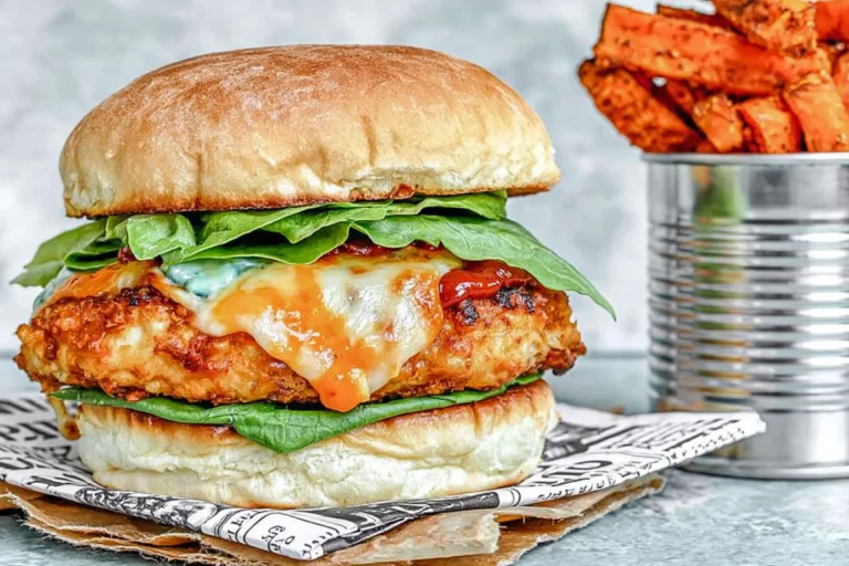 Buffalo Chicken Burgers topped with melted blue cheese, fresh spinach, and buffalo sauce on a toasted bun with crispy sweet potato fries.
