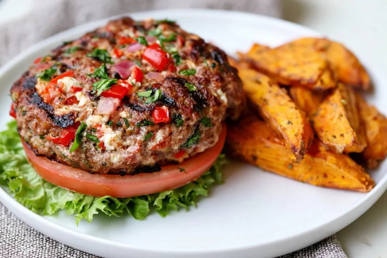Mediterranean Stuffed Burgers served bunless with feta cheese, spinach, bell peppers, fresh herbs, lettuce, tomato, and roasted sweet potato wedges