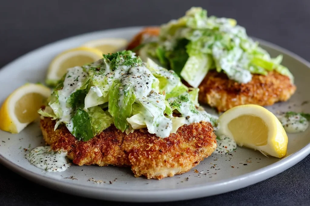 Caesar Salad Chicken Cutlets with crispy breaded chicken topped with romaine Caesar salad, creamy dressing, herbs, and lemon wedges on a plate.