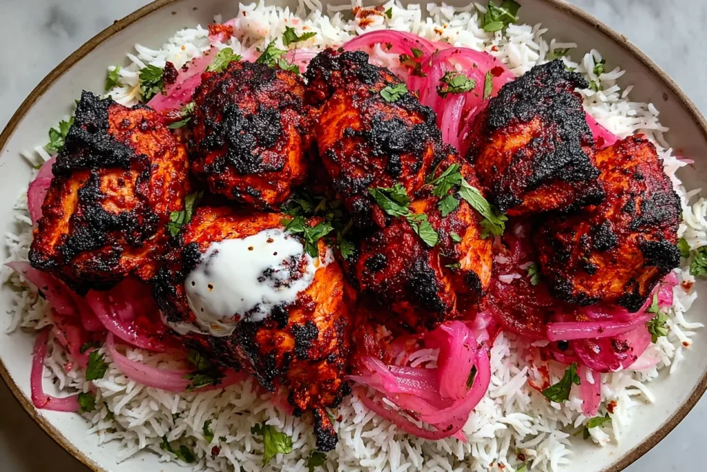 Chicken Tandoori with Cilantro Rice piled with charred tandoori-style chicken thighs, bright pickled red onions, fresh cilantro, and a creamy yogurt dollop.