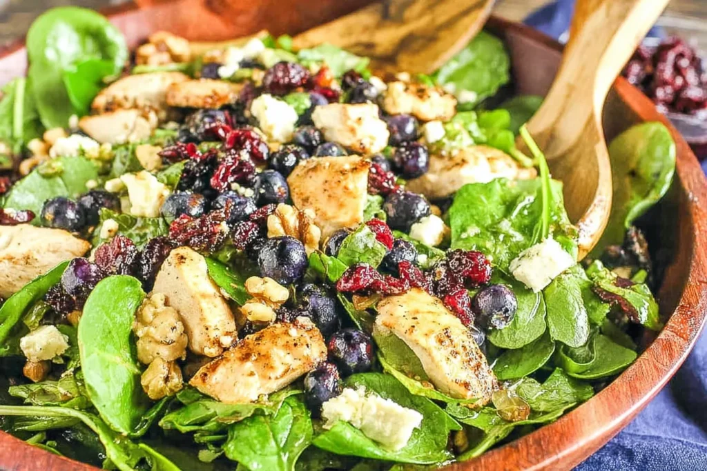 Chicken Blueberry Feta Salad in a wooden bowl with spinach, grilled chicken, blueberries, dried cranberries, walnuts, and feta with balsamic vinaigrette.