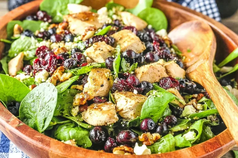 Chicken Blueberry Feta Salad with grilled chicken, fresh blueberries, cranberries, feta, and greens tossed in balsamic vinaigrette.