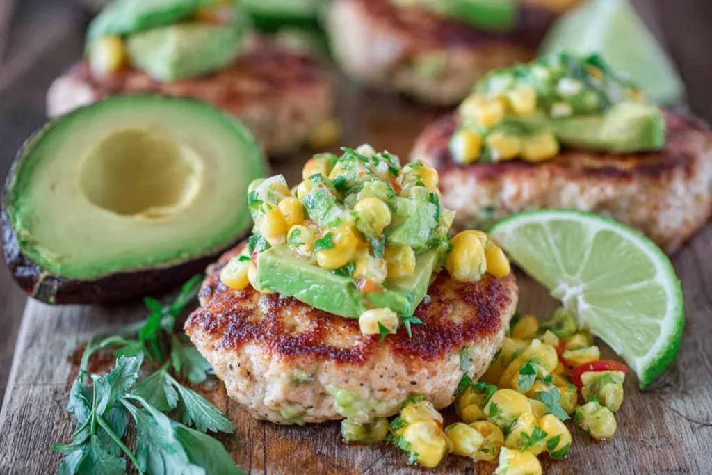 Chicken Burgers with Avocado Corn Salsa topped with creamy avocado and sweet corn salsa on a browned chicken patty with lime and cilantro on a wooden board.