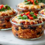 Chicken Cottage Cheese Enchilada Bowls topped with melted cheese, black beans, corn, fresh cilantro, diced red peppers, and avocado in glass meal prep bowls.
