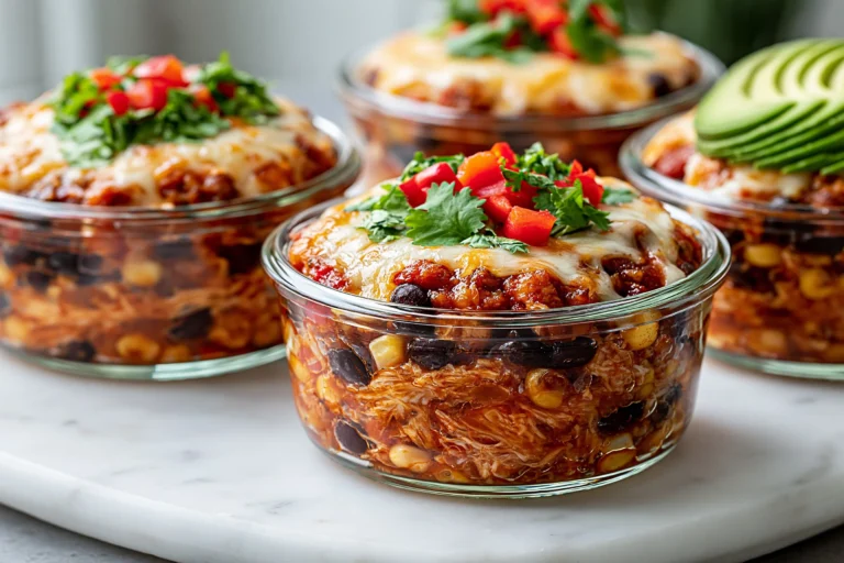 Chicken Cottage Cheese Enchilada Bowls topped with melted cheese, black beans, corn, fresh cilantro, diced red peppers, and avocado in glass meal prep bowls.