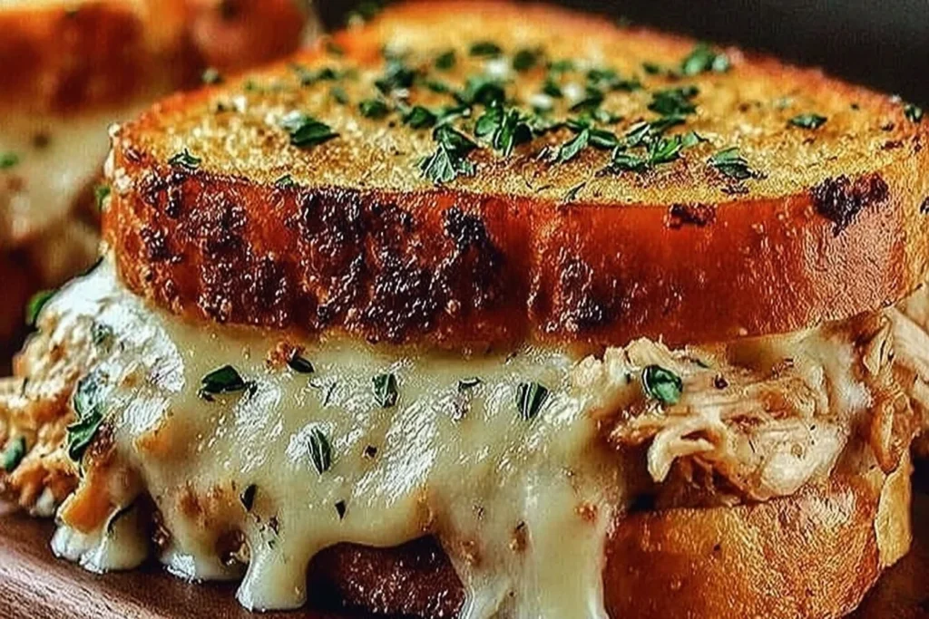Chicken Garlic Sandwich on toasted sourdough with garlic herb butter, melted mozzarella, and shredded chicken, sprinkled with parsley.