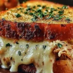 Chicken Garlic Sandwich on toasted sourdough with garlic herb butter, melted mozzarella, and shredded chicken, sprinkled with parsley.