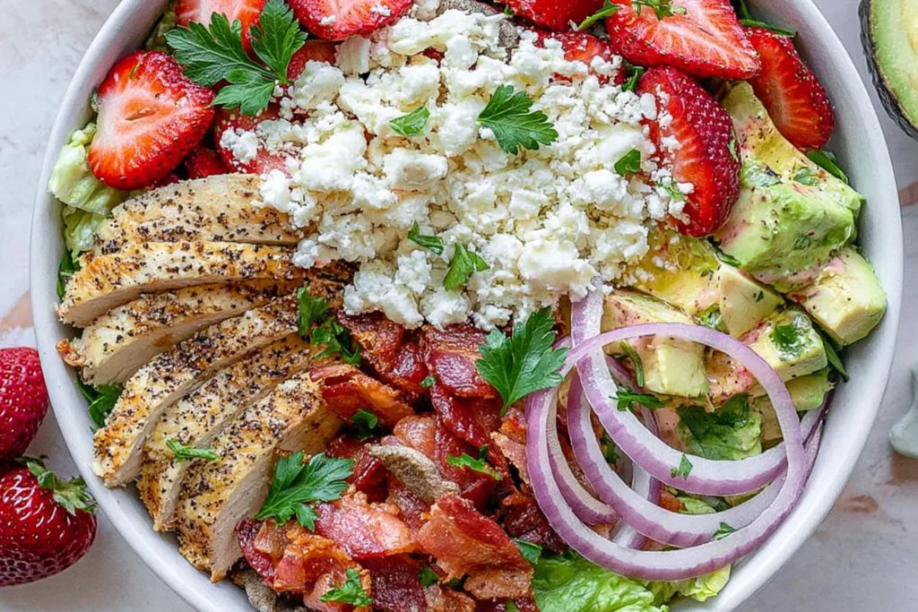 Chicken Strawberry Salad Bowls with grilled chicken, fresh strawberries, bacon, avocado, feta cheese, and romaine lettuce in a healthy meal prep bowl.