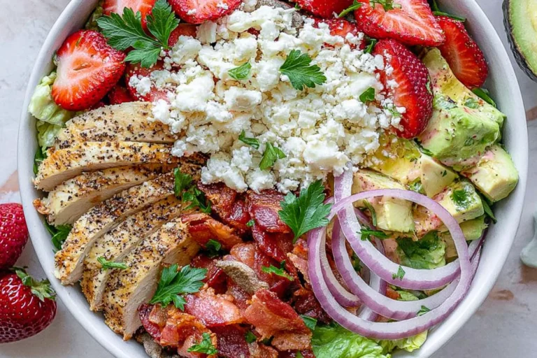 Chicken Strawberry Salad Bowls with grilled chicken, fresh strawberries, bacon, avocado, feta cheese, and romaine lettuce in a healthy meal prep bowl.