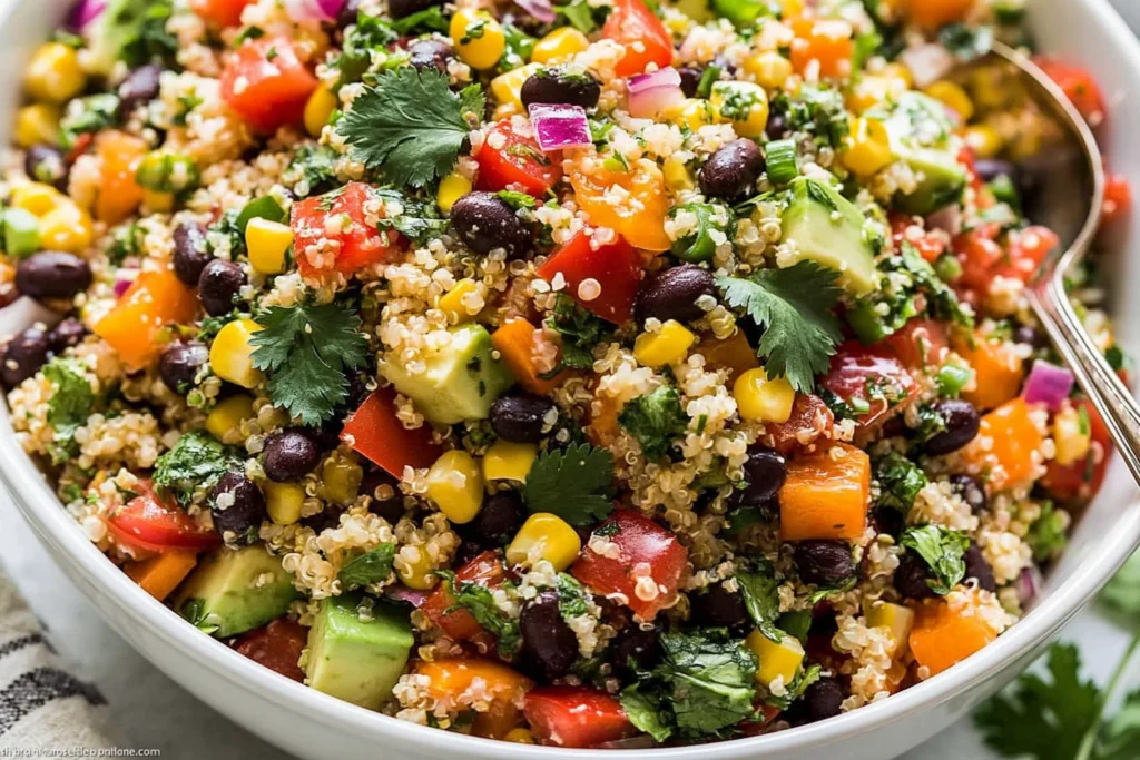 Chili Lime Quinoa Black Bean Salad made with fluffy quinoa, black beans, sweet corn, avocado, bell peppers, tomatoes, red onion, and fresh cilantro tossed in a zesty lime dressing.