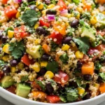 Chili Lime Quinoa Black Bean Salad made with fluffy quinoa, black beans, sweet corn, avocado, bell peppers, tomatoes, red onion, and fresh cilantro tossed in a zesty lime dressing.
