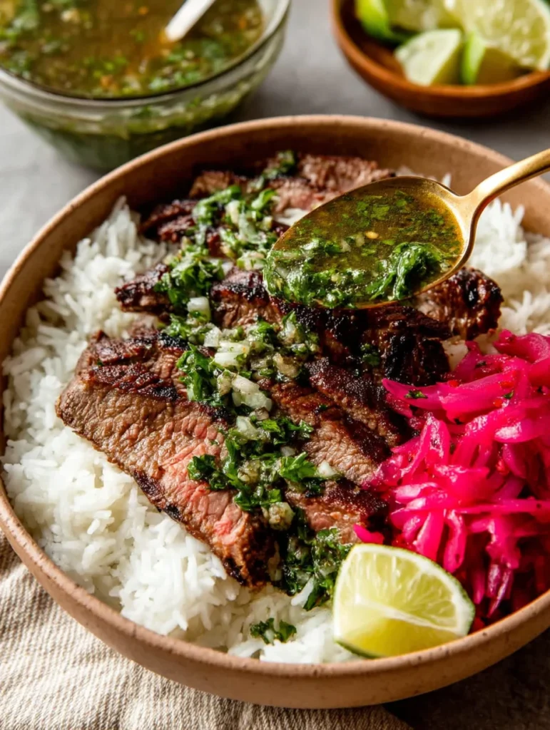 Skirt Steak Rice Bowls with Chimichurri Sauce with seared skirt steak over white rice, spooned cilantro chimichurri, pickled red onions, and a lime wedge.