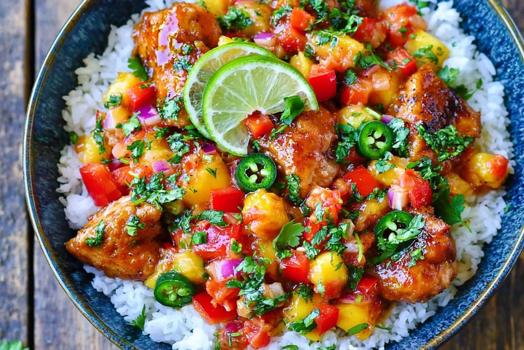 Cilantro Lime Chicken Bowls with Peach Salsa served over jasmine rice with juicy honey lime chicken, fresh peach salsa, cilantro, and lime slices.