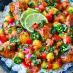 Cilantro Lime Chicken Bowls with Peach Salsa served over jasmine rice with juicy honey lime chicken, fresh peach salsa, cilantro, and lime slices.