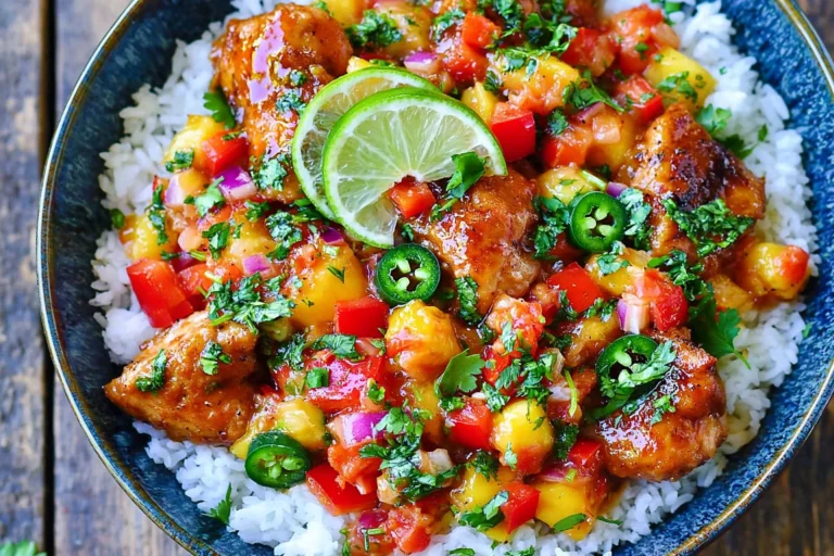 Cilantro Lime Chicken Bowls with Peach Salsa served over jasmine rice with juicy honey lime chicken, fresh peach salsa, cilantro, and lime slices.