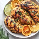 Citrus Dijon Grilled Chicken plated with char-grilled chicken breasts, orange and lime slices, and fresh herbs on a light stoneware plate.