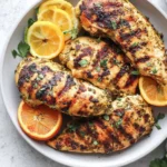 Citrus Dijon Grilled Chicken on a plate with orange and lemon slices, grilled char marks, and fresh herbs.
