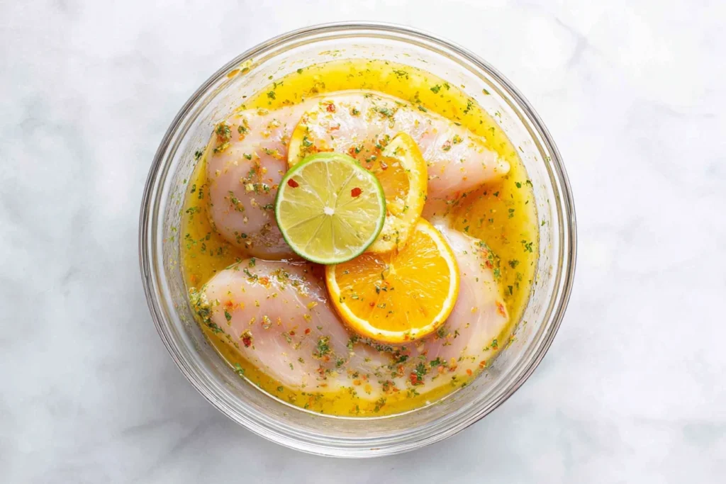 Citrus Dijon Grilled Chicken marinade in a glass bowl with raw chicken breasts, orange and lime slices, herbs, and Dijon-citrus dressing.