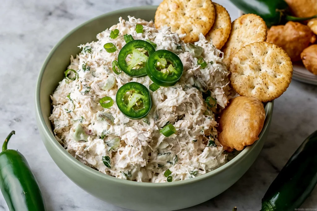 Copycat Jalapeño Hollychicken Salad served in a bowl with creamy shredded chicken, sliced jalapeños, green onions, and crackers for an easy spicy chicken salad recipe.