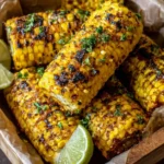 Cowboy Butter Roasted Corn with charred, buttery kernels, sprinkled with parsley and served with fresh lime wedges.
