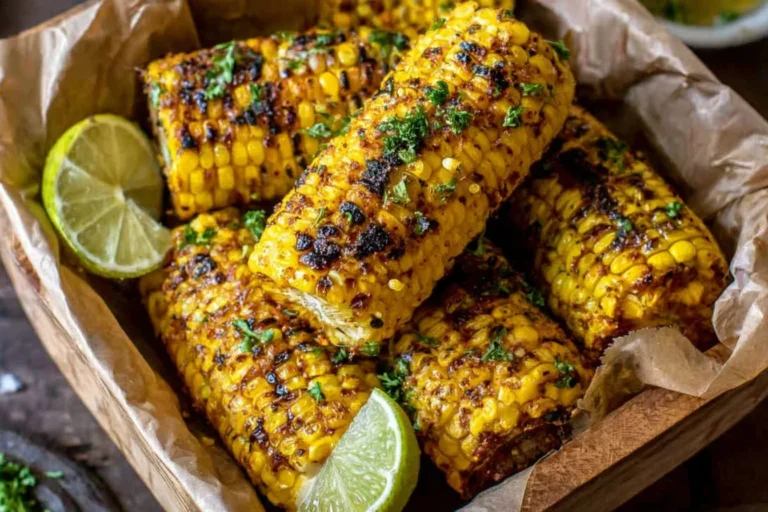 Cowboy Butter Roasted Corn with charred, buttery kernels, sprinkled with parsley and served with fresh lime wedges.