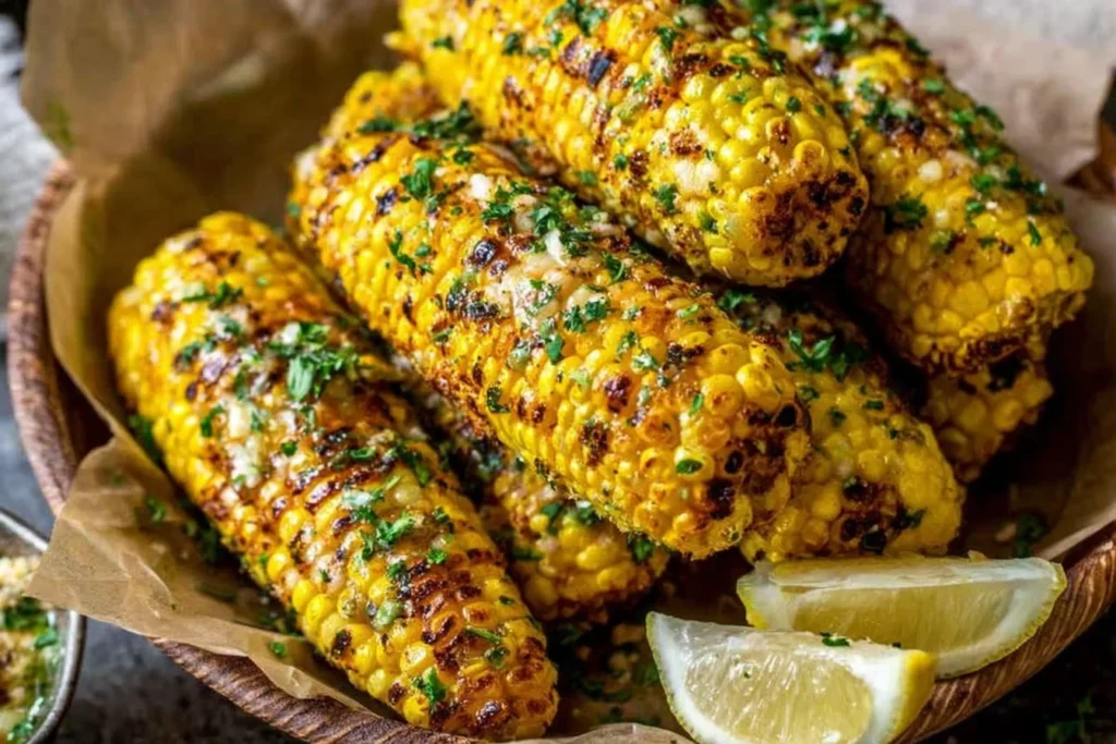 Cowboy Butter Roasted Corn piled in a bowl, charred and buttery, topped with parsley and served with lemon wedges.