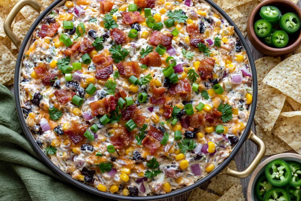 Creamy Cowboy Corn Dip topped with crispy bacon, black beans, sweet corn, green onions, and jalapeños, served with tortilla chips