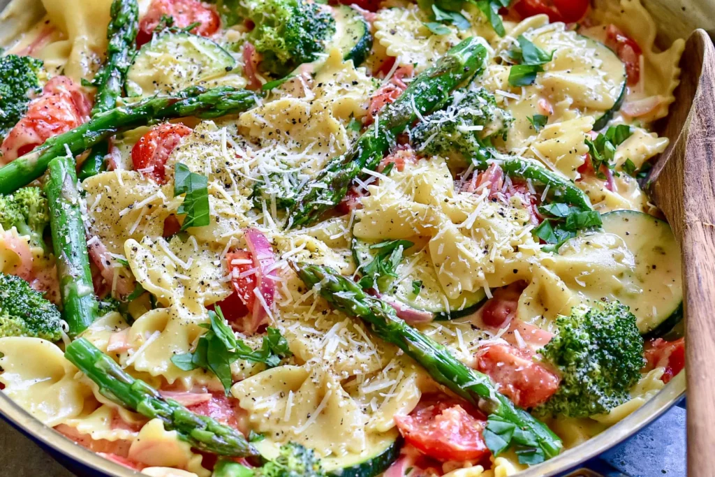 Alfredo Pasta Primavera with bowtie pasta, broccoli, asparagus, zucchini, tomatoes, and creamy Parmesan Alfredo sauce.
