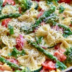 Alfredo Pasta Primavera with bowtie pasta, broccoli, asparagus, zucchini, tomatoes, and creamy Parmesan Alfredo sauce.