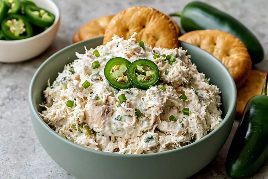 Copycat Jalapeño Hollychicken Salad in a serving bowl topped with fresh jalapeño slices and green onions, surrounded by crackers for a creamy, spicy chicken salad recipe.