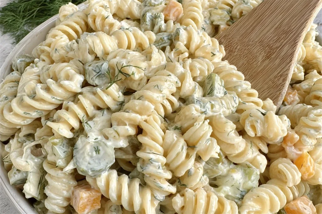 Dill Pickle Pasta Salad in a bowl with creamy dill dressing, rotini, chopped pickles, and Colby Jack cheese.