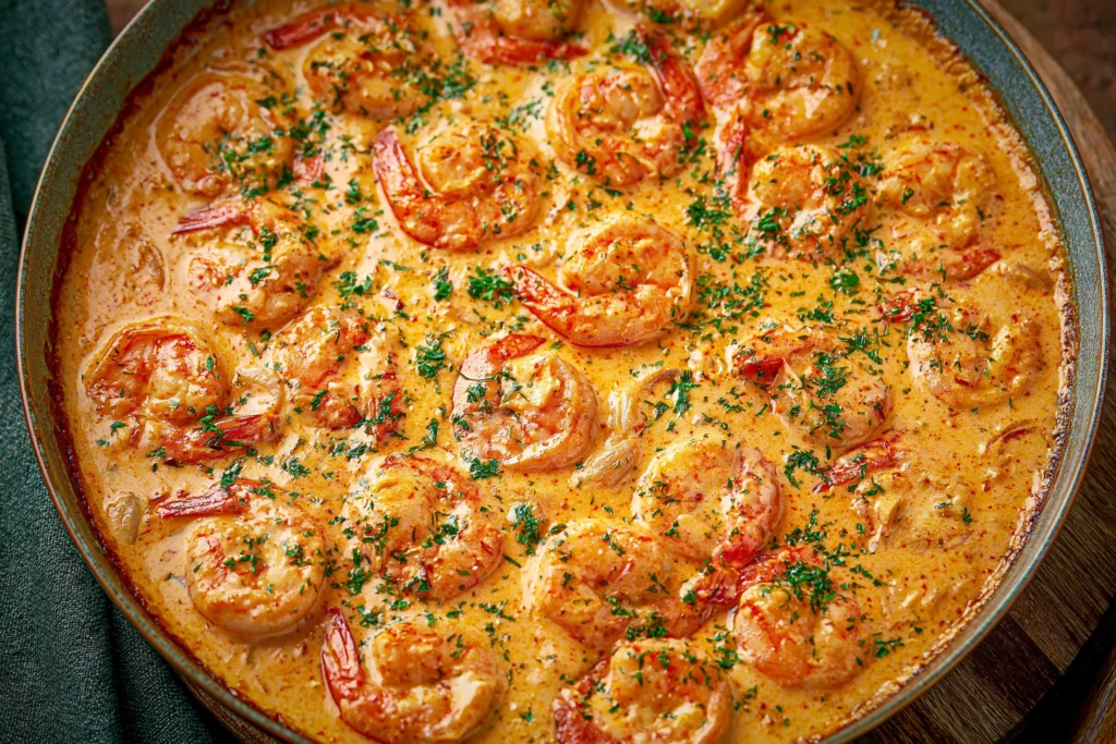 Creamy Garlic Shrimp in a rich Parmesan cream sauce, garnished with fresh parsley and cooked to perfection in a skillet.