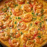 Creamy Garlic Shrimp in a rich Parmesan cream sauce, garnished with fresh parsley and cooked to perfection in a skillet.