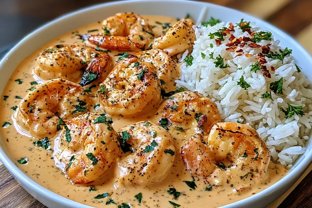 Creamy Garlic Shrimp served over fluffy white rice with a rich garlic Parmesan cream sauce, seasoned shrimp, parsley, and red pepper flakes.