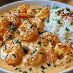 Creamy Garlic Shrimp served over fluffy white rice with a rich garlic Parmesan cream sauce, seasoned shrimp, parsley, and red pepper flakes.