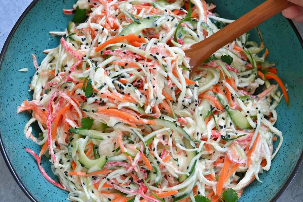 Kani Salad with shredded imitation crab, cucumber, and carrot in creamy Japanese mayo dressing, topped with black sesame seeds.