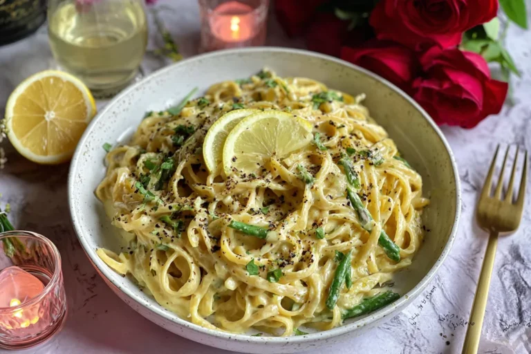 Easy Creamy Lemon Garlic Pasta in a bowl with lemon slices, cracked pepper, parsley, and a creamy Parmesan sauce.