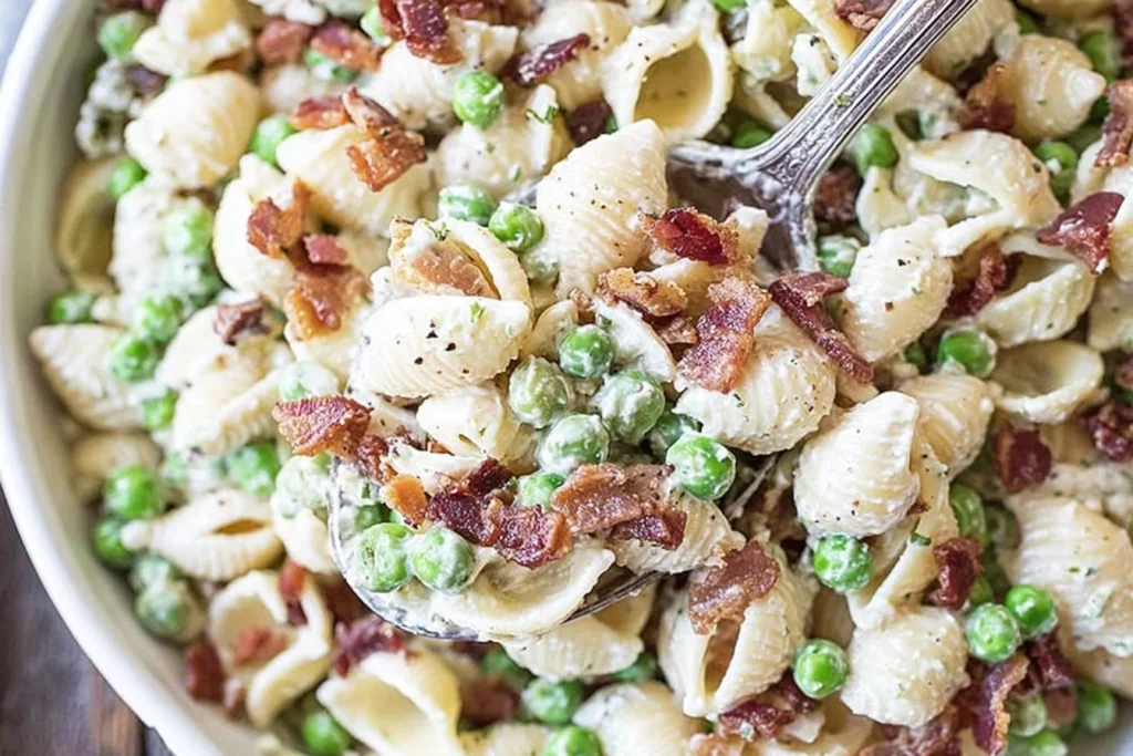 Spoonful of Creamy Pasta Salad with shell pasta, peas, crispy bacon, and creamy dressing, served in a bowl.